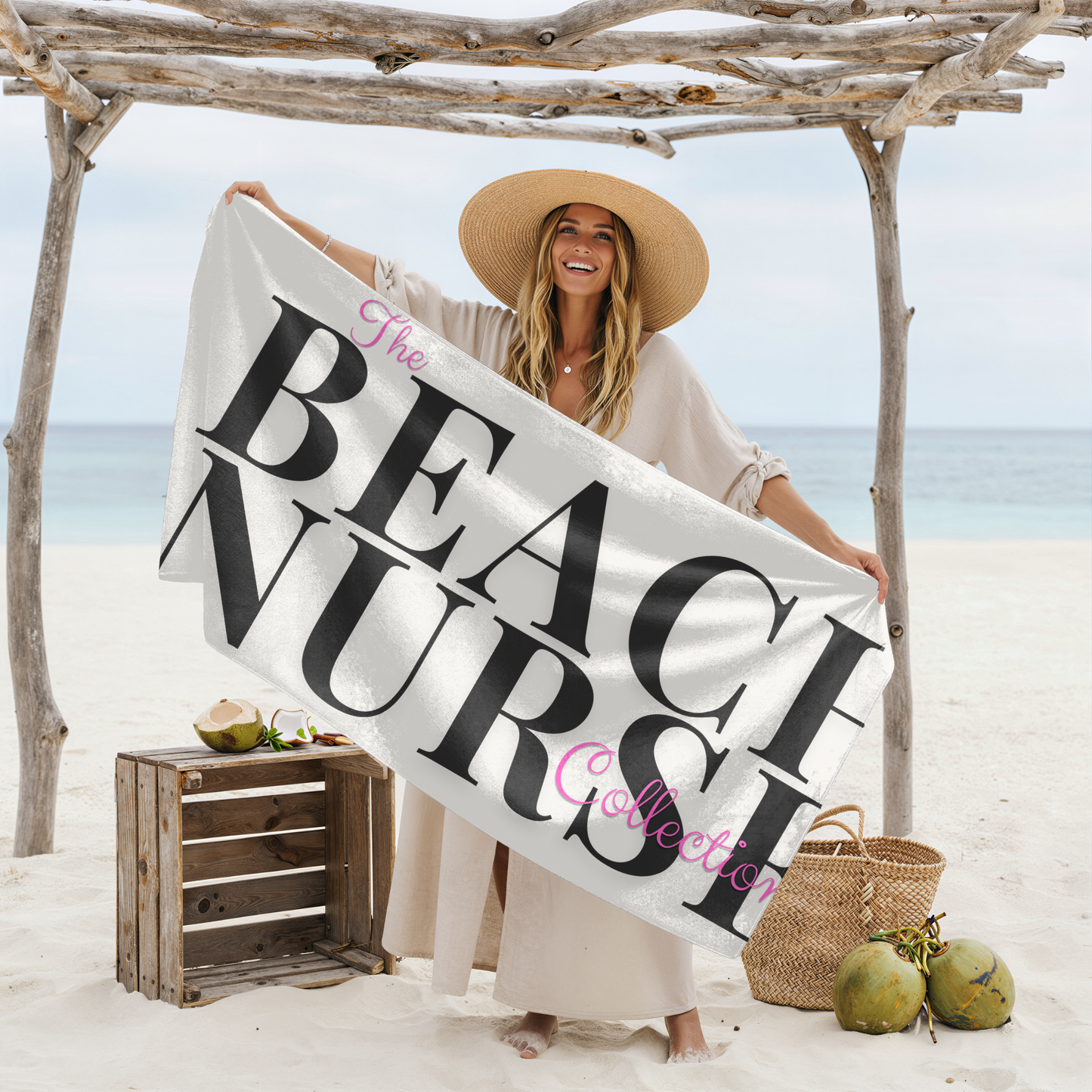 BEACH NURSE™ Oversized Ivory Beach Towel| Nurse Beach & Pool Essential