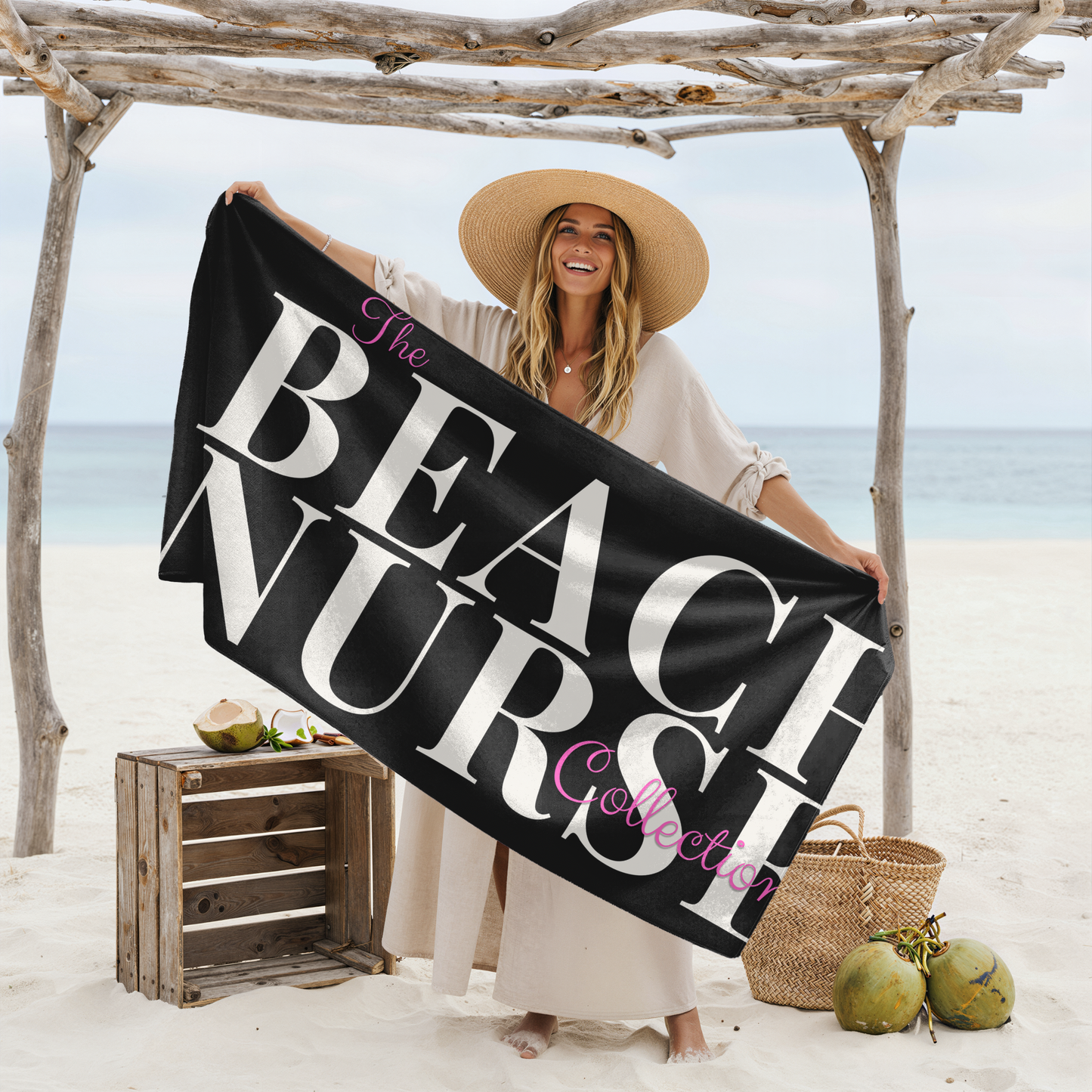 BEACH NURSE™ Oversized Black Beach Towel | Premium Nurse Beach & Pool Essential